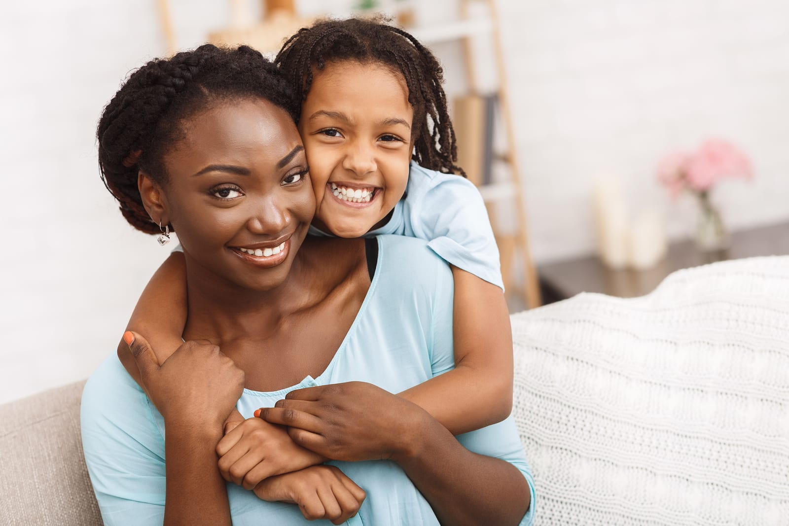 Family Bonding. Happy Black Mother And Daughter Hugging, Spendin